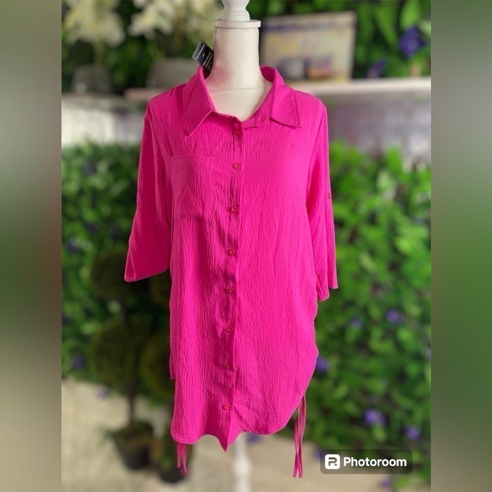 NWT Blooming Jelly Small Barbie Pink Button Up Sleeve Oversized 3/4 Sleeve Shirt